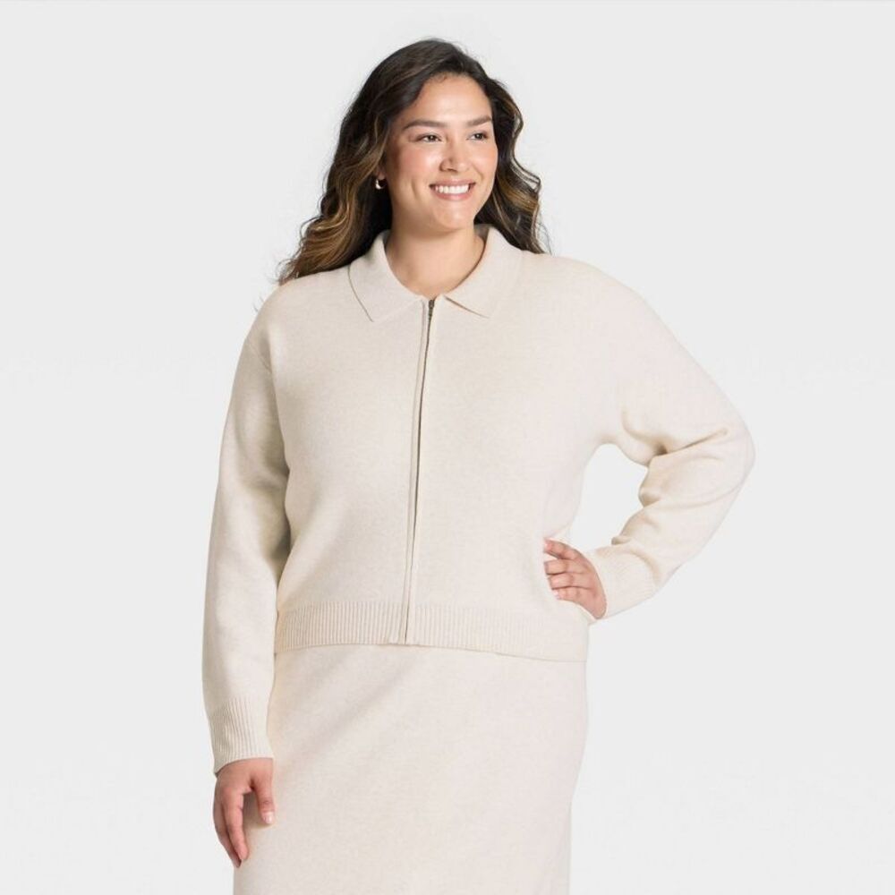 Women's Full Zip Cardigan - A New Day Oatmeal XXL